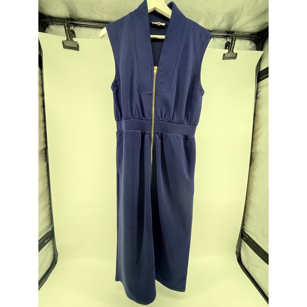 Entro Navy Blue Sleeveless Full Zip Front Midi Dress Stretch Cotton Blend MED